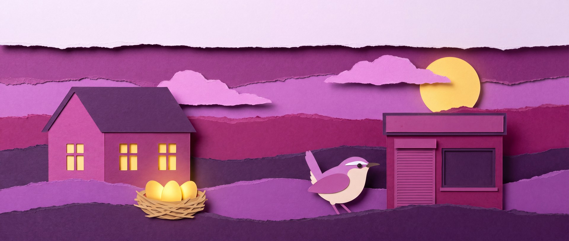 Cut-paper scene: a lit house and a nest of golden eggs on the left, a shuttered shopfront waiting on the right