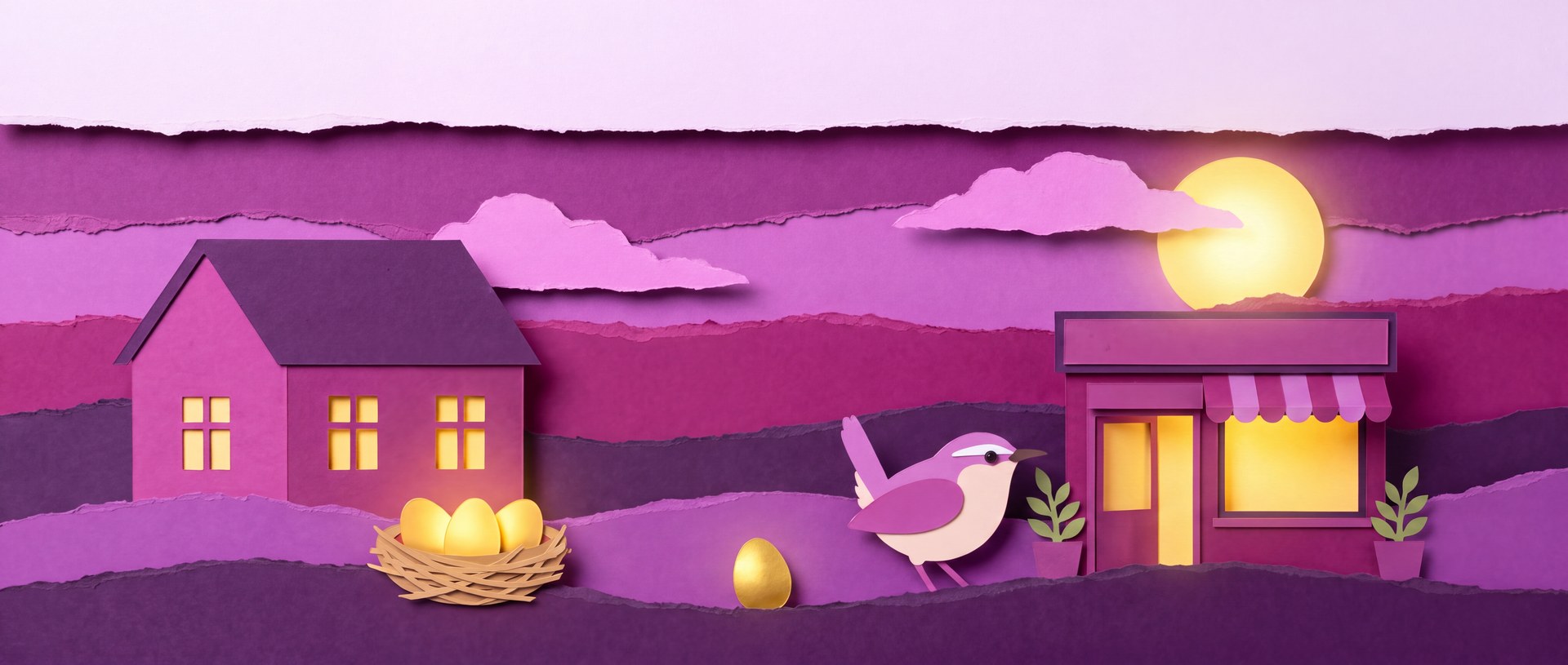 Cut-paper scene: the shop open and lit, with a golden egg carried across from the nest
