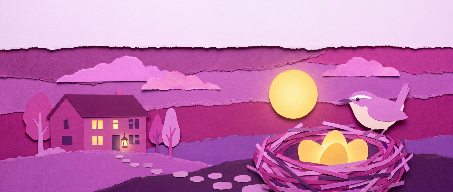 Cut-paper scene: the moon risen high over the lit house and the nest of golden eggs