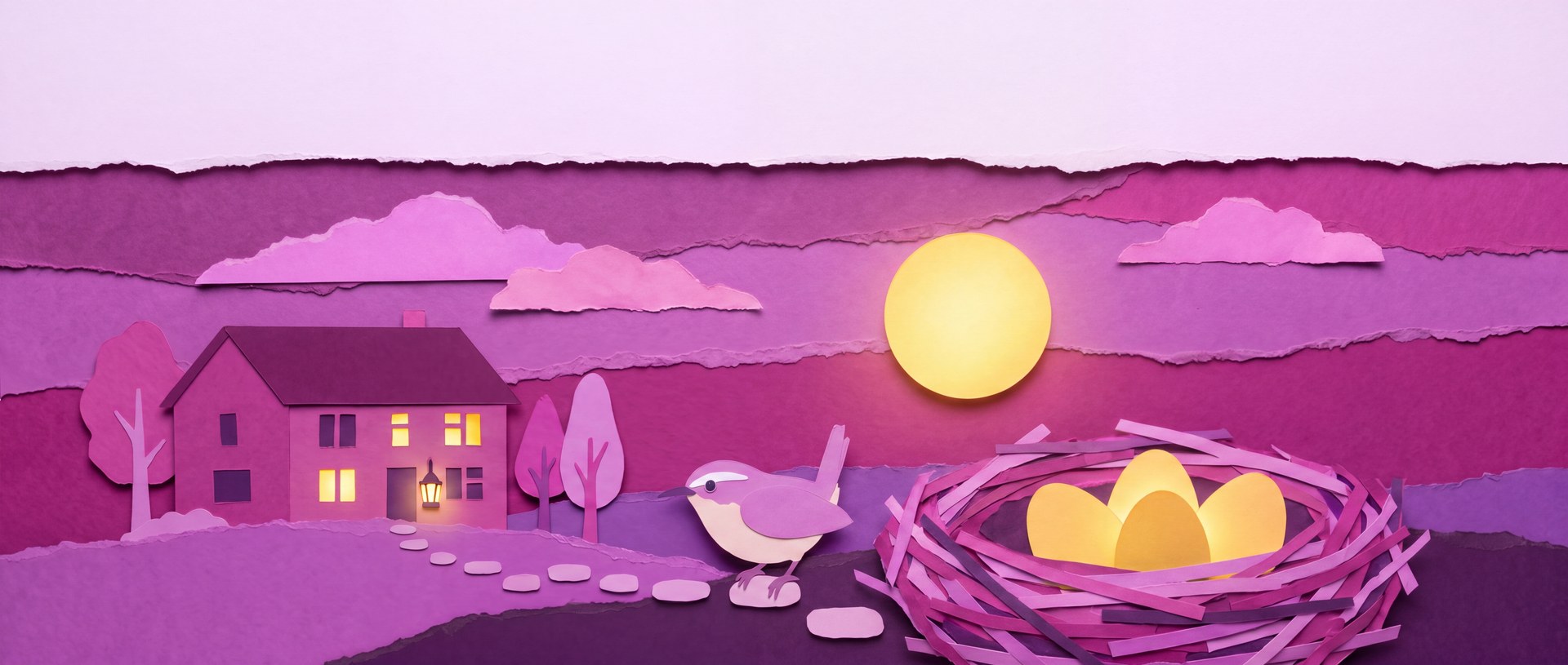 A cut-paper scene of a home with its windows lit and a path of stepping stones leading from a nest of golden eggs to the front door